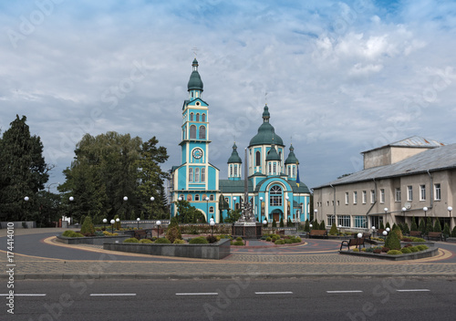 blue church in Mostyska, Ukraine photo