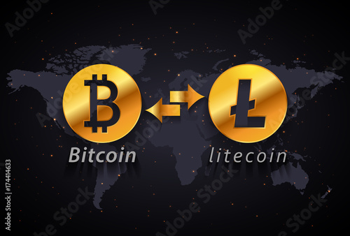 Bitcoin to Litecoin currency exchange infographic template on world map background