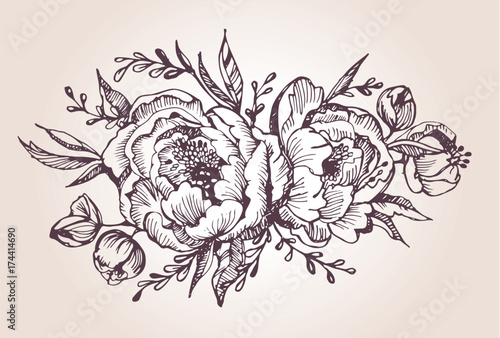 lower set: highly detailed hand drawn flowers and leaves. Vector illustration