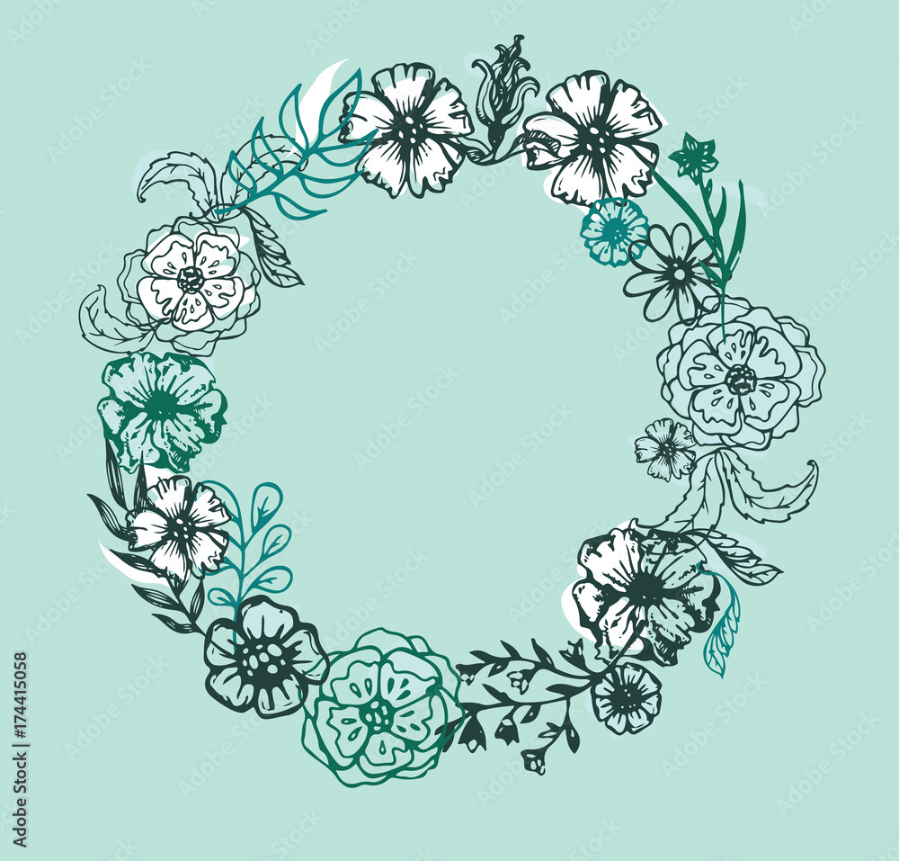 lower set: highly detailed hand drawn flowers and leaves. Vector illustration