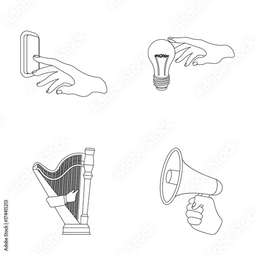 Electric switch button, incandescent lamp and other web icon in outline style. harp playing, Megaphone in hand icons in set collection.