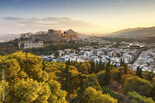 View of Athens from Filopappou hill at sunrise, Greece. 