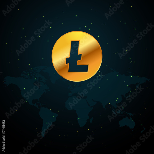 Golden Litecoin currency illustration based on world map and space with stars background