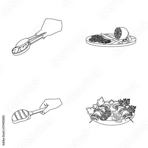 Tongs with steak, fried meat on a scoop, slicing lemon and olives, shish kebab on a plate with vegetables. Food and Cooking set collection icons in outline style vector symbol stock illustration web.