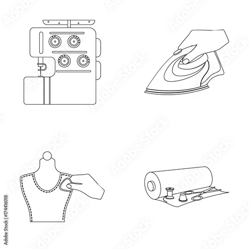 Electric sewing machine, iron for ironing, marking with chalk clothes, roll of fabric and other equipment. Sewing and equipment set collection icons in outline style vector symbol stock illustration