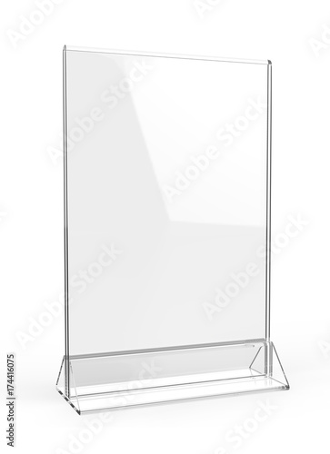 Clear plastic and acrylic  table talkers promotional upright menu table tent top sign holder 11x8 table menu card display stand picture frame for mock up and template design. 3d render illustration. photo