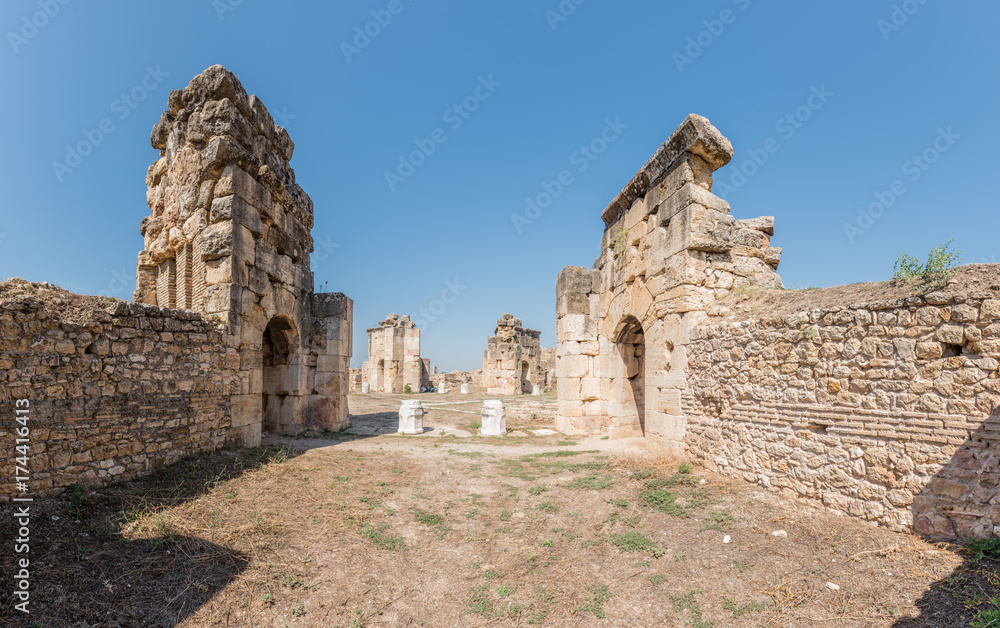 Panoramic high resolution view of  Martyrion of Saint Philip, ancient ruins in Hierapolis, Pamukkale, Turkey. UNESCO World Heritage.