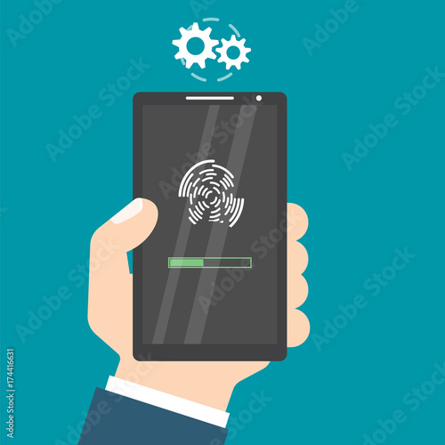 Unlocked with fingerprint button. Access via finger. Hands with smartphone. User authorization consept. Vector illustration.
