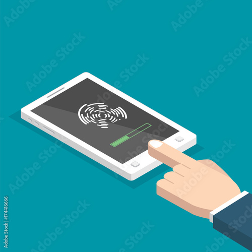 Unlocked with fingerprint button isometric. Access via finger. Hands with smartphone. User authorization consept. Vector illustration.