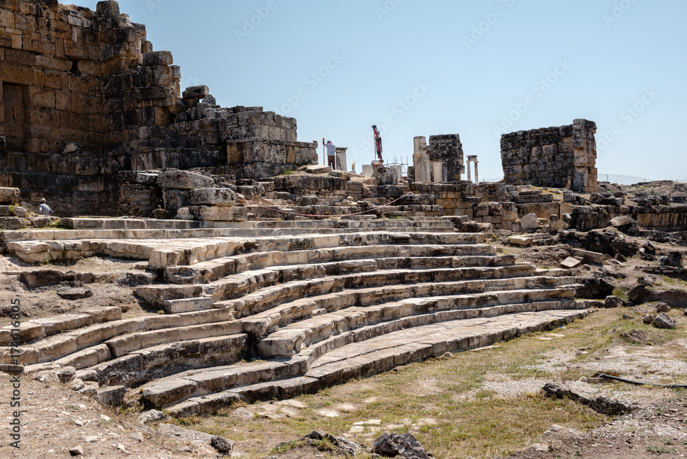 Ancient ruins in Hierapolis, Pamukkale, Turkey. UNESCO World Heritage.