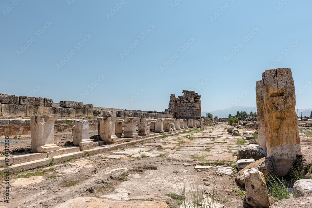 View of latrine along Frontinus Street at Hierapolis ancient city in Pamukkale, Turkey.