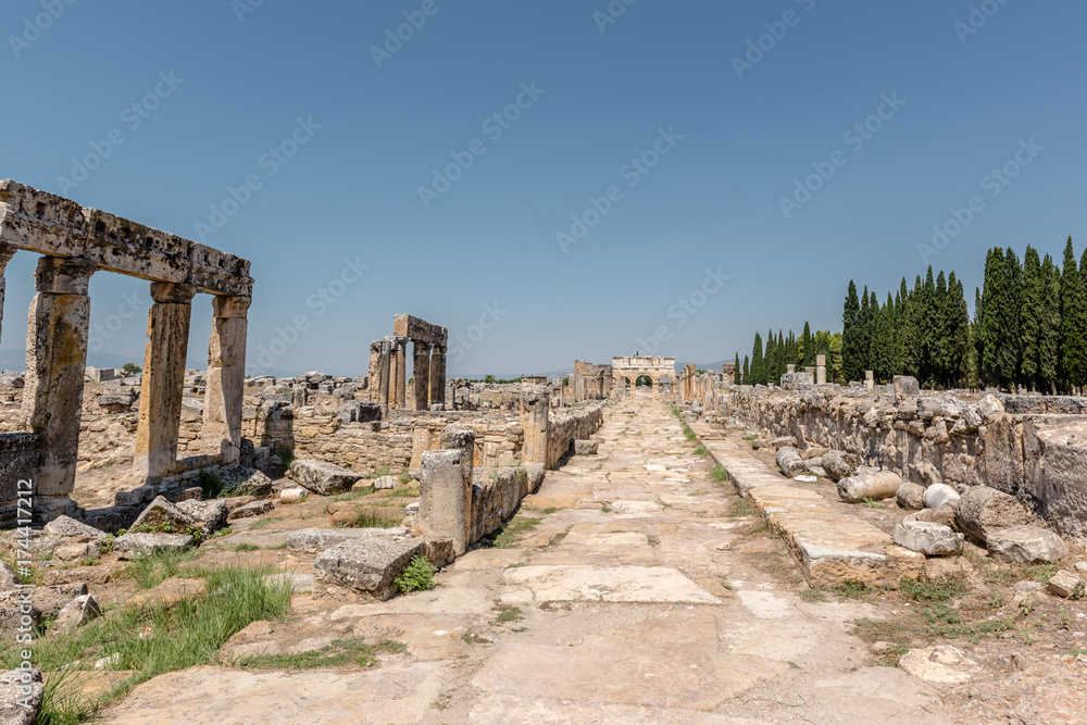 View of latrine along Frontinus Street at Hierapolis ancient city in Pamukkale, Turkey.