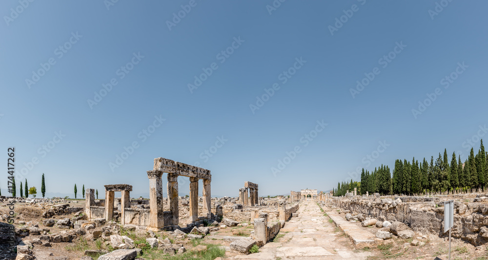 High Resolution panoramic view of latrine along Frontinus Street at Hierapolis ancient city in Pamukkale, Turkey.