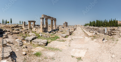 High Resolution panoramic view of latrine along Frontinus Street at Hierapolis ancient city in Pamukkale, Turkey.