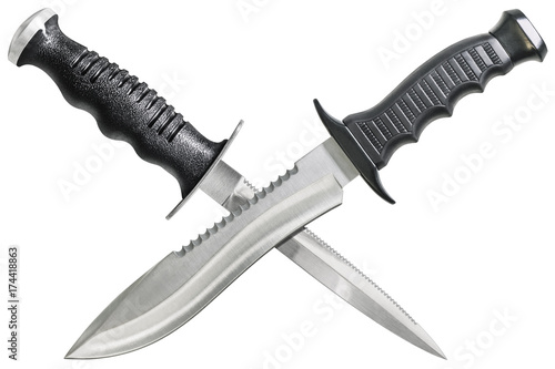 Combat Hunting Bowie Knife Crossed With Sharp Point Dive Dagger Isolated On White Background