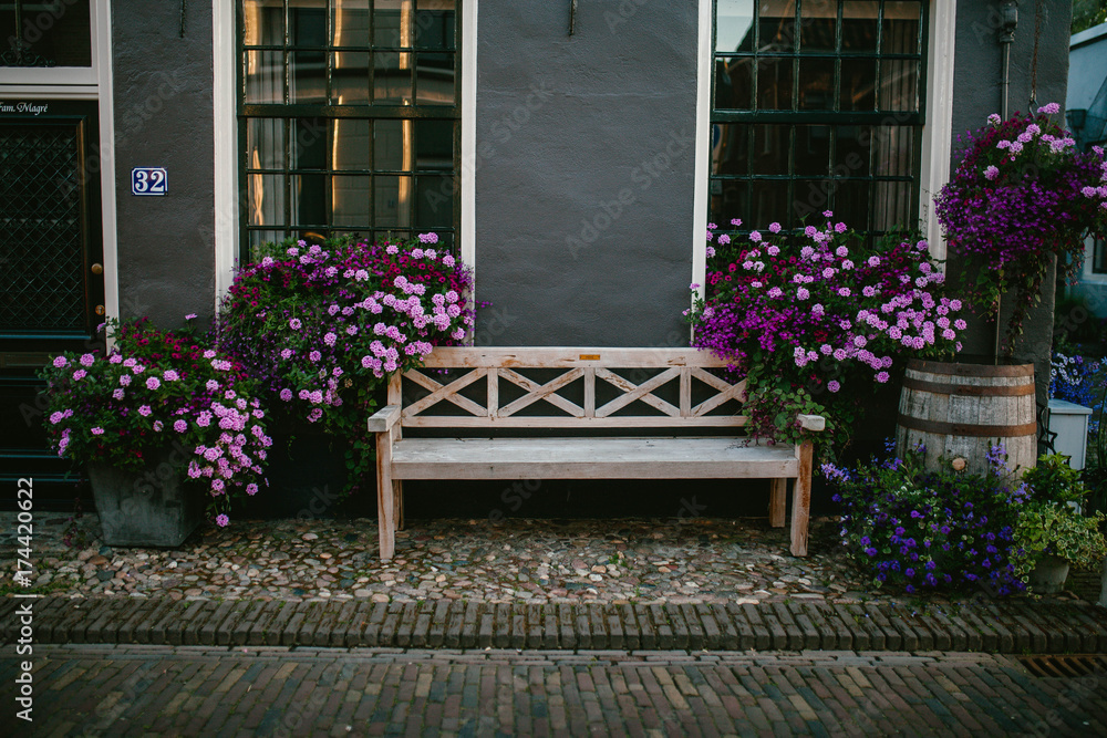 Bench outdoors with flowers