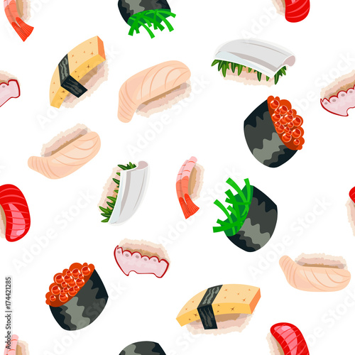 Sushi and rolls seamless pattern on white background
