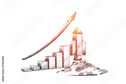 Start up concept. Hand drawn missile at launch. Rocket launch as a symbol of start up isolated vector illustration.