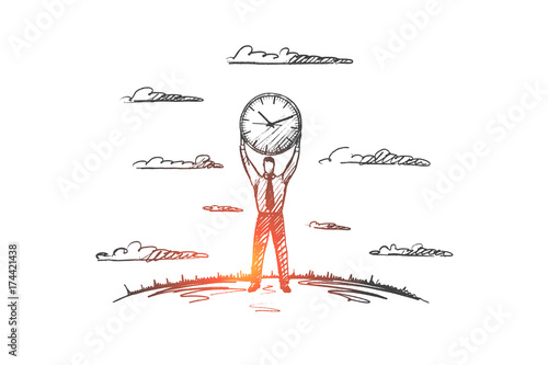 Time management concept. Hand drawn man holding big clock under his head. Businessman carrying about time and schedule isolated vector illustration.