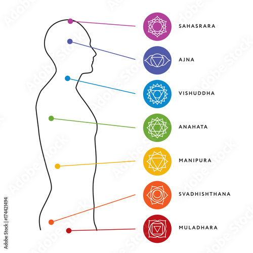 Chakra system of human body chart. Seven chakra symbols. Location information of each chakra. Chakra centers