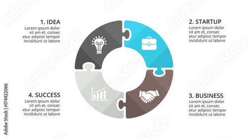 Vector circle puzzle infographic, cycle diagram, graph, presentation chart. Business concept with 4 options, parts, steps, processes. 16x9 slide template.
