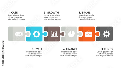 Vector puzzle timeline infographic, diagram chart, graph presentation. Business progress concept with 6 options, parts, steps, processes.