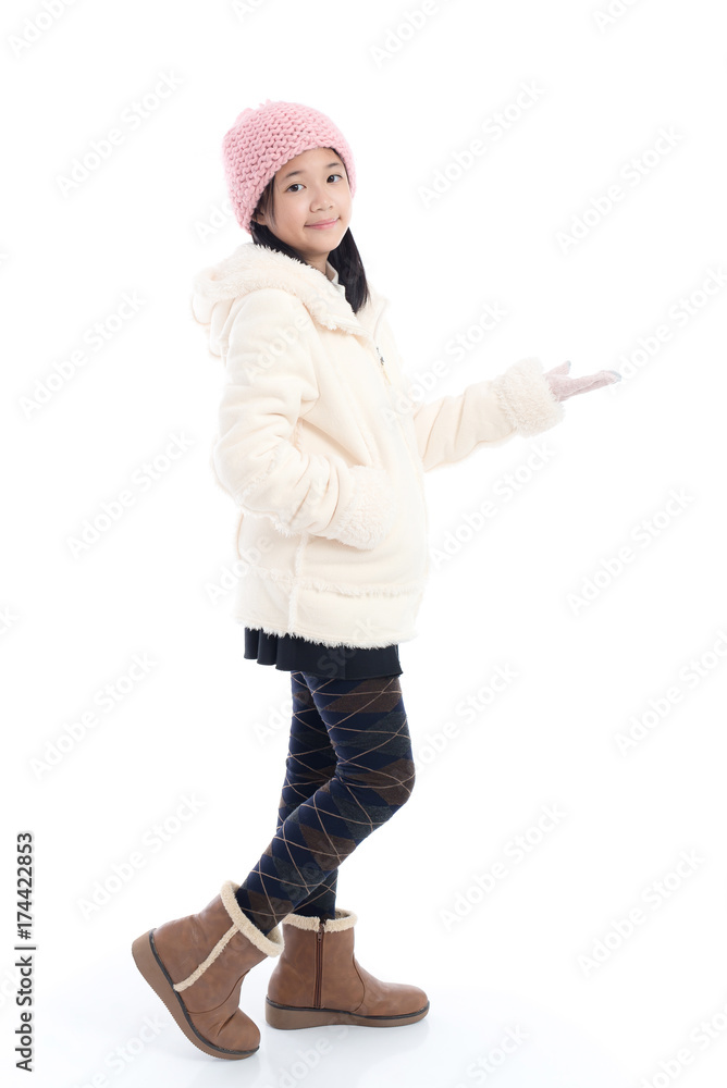 Cute Asian child in blue winter clothes open palm hand Cute Asian child in blue winter clothes open palm hand