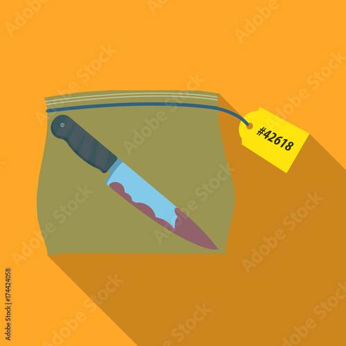 Bloodied knife in the package with a tag. Knife, criminal things single icon in flat style vector symbol stock illustration web.