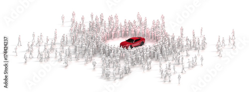 cluster of people surrounding and gazing at a red sports car with copy space photo