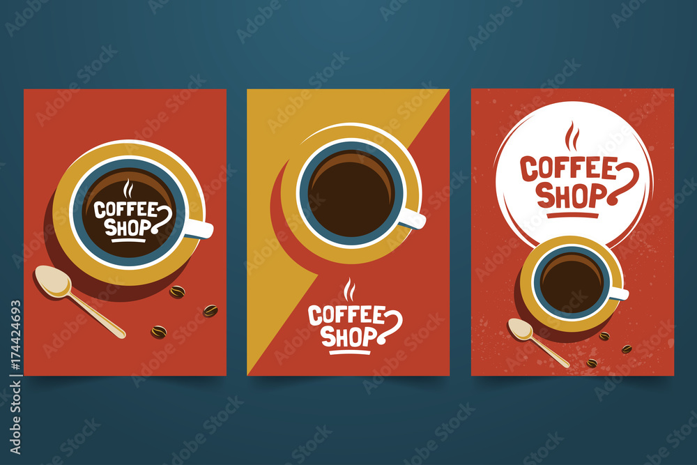 Vettoriale Stock Coffee shop retro minimalist poster set. Logo, cup and  grains top view. Decorative element for coffee house and HoReCa. Applicable  for advertising banner,menu, flyer. A4 size. Vector illustration. | Adobe