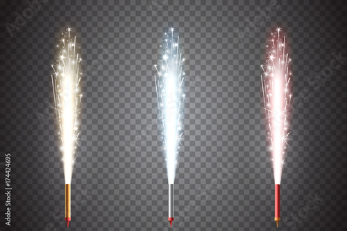 Vector firework set. Fountain of sparks. Decorative fireworks. Golden, blue and red sparkling pillar of fire isolated on transparent background. Element of New Year's and christmas celebration.
