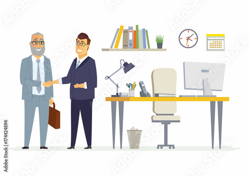 Business partners shake hands - modern cartoon people characters illustration