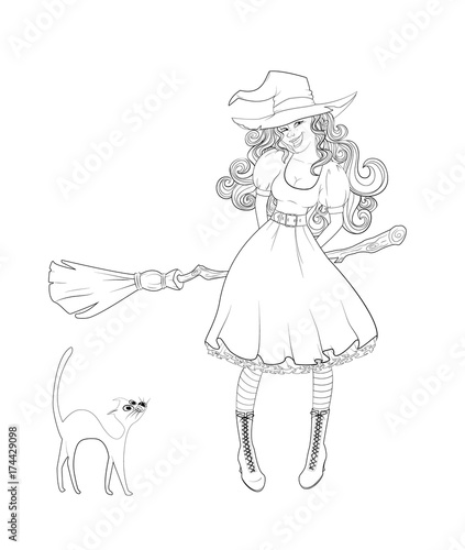 Cute girl in witch costume and cat next to her.
