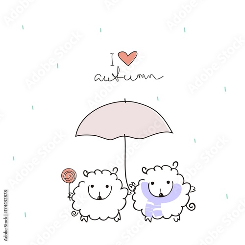 Two funny sheep under an umbrella with a handwritten inscription "I love autumn" on a white background with rain. Autumn illustration. Doodle art