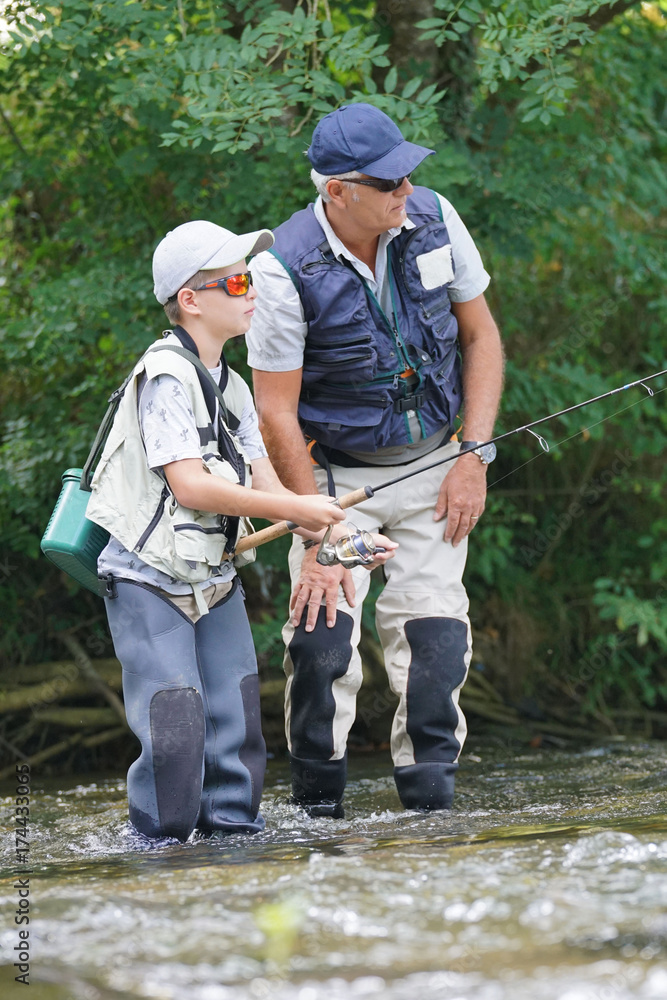 Man teaching son how to fish in river Man teaching son how to fish in river