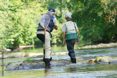 Back view of father and son fly fishing in river