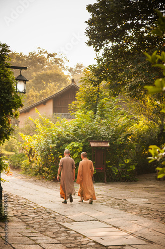 Chinese monks in small village  Lingyin Temple  Hangzhou