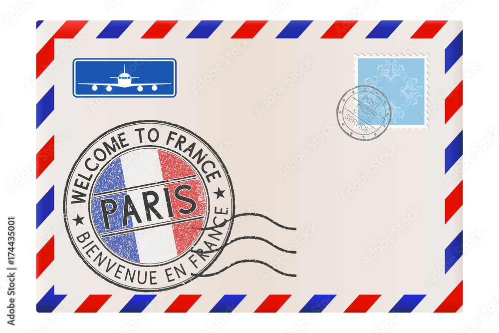 Welcome to France. Colored tourist stamp PARIS with national flag. International air mail envelope