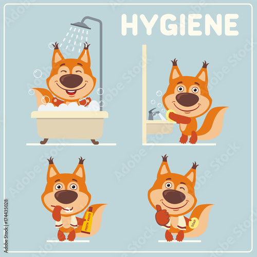 Set of funny squirrel is hygiene: showering, washing hands, brushing her teeth. Collection of isolated squirrel in cartoon style for rules of child hygiene.