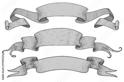 Ribbon banners. Set of gray scrolls. Hand drawn sketch