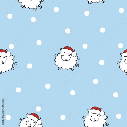 Christmas seamless pattern with sheep in hats of Santa Claus and snowflakes. Doodle art.