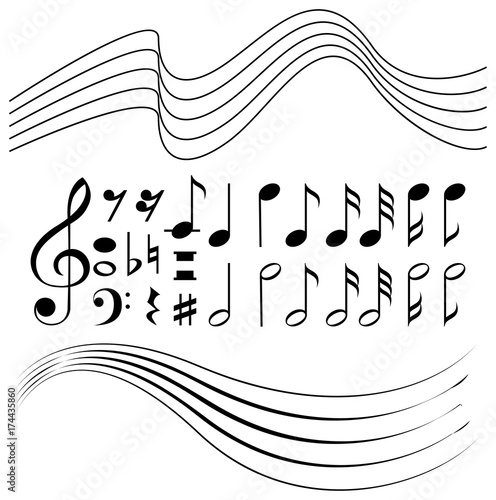 Different symbols of music notes and line paper