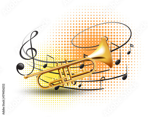 Trumpet with music notes in background