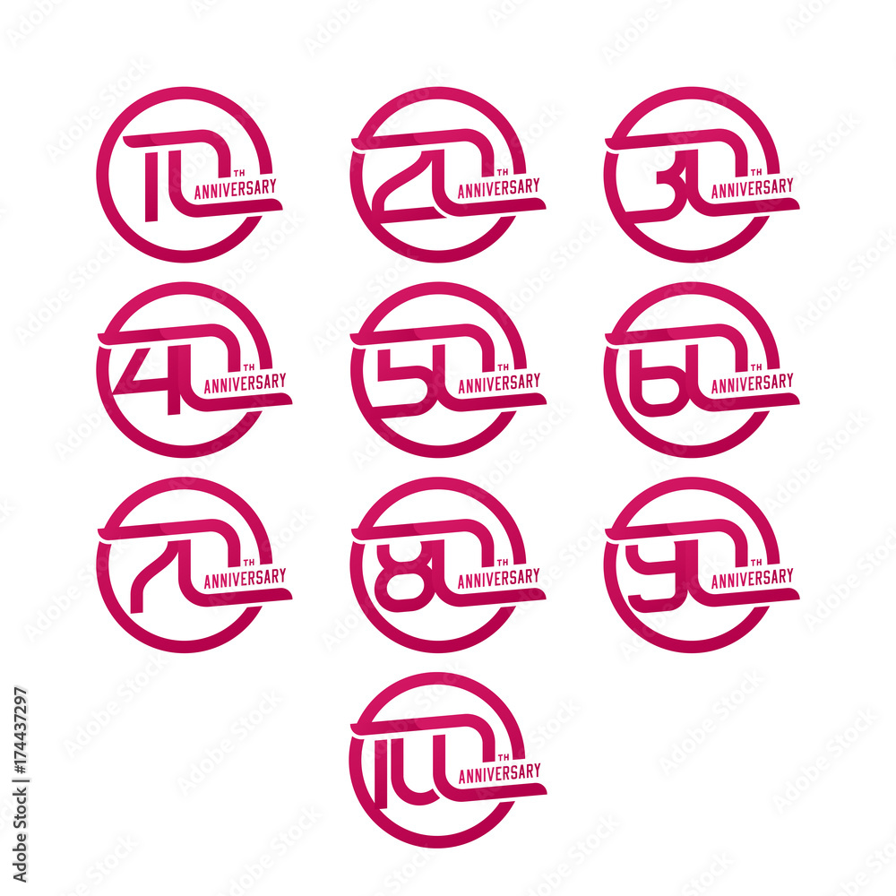 Set of anniversary signs from 10th to 100th. Stock vector illustration. Signs design elements on a white background. Set of anniversary signs from 10th to 100th. Stock vector illustration. Signs design elements on a white background.