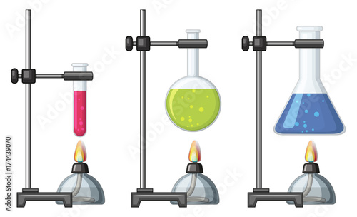 Beakers with chemical and burner