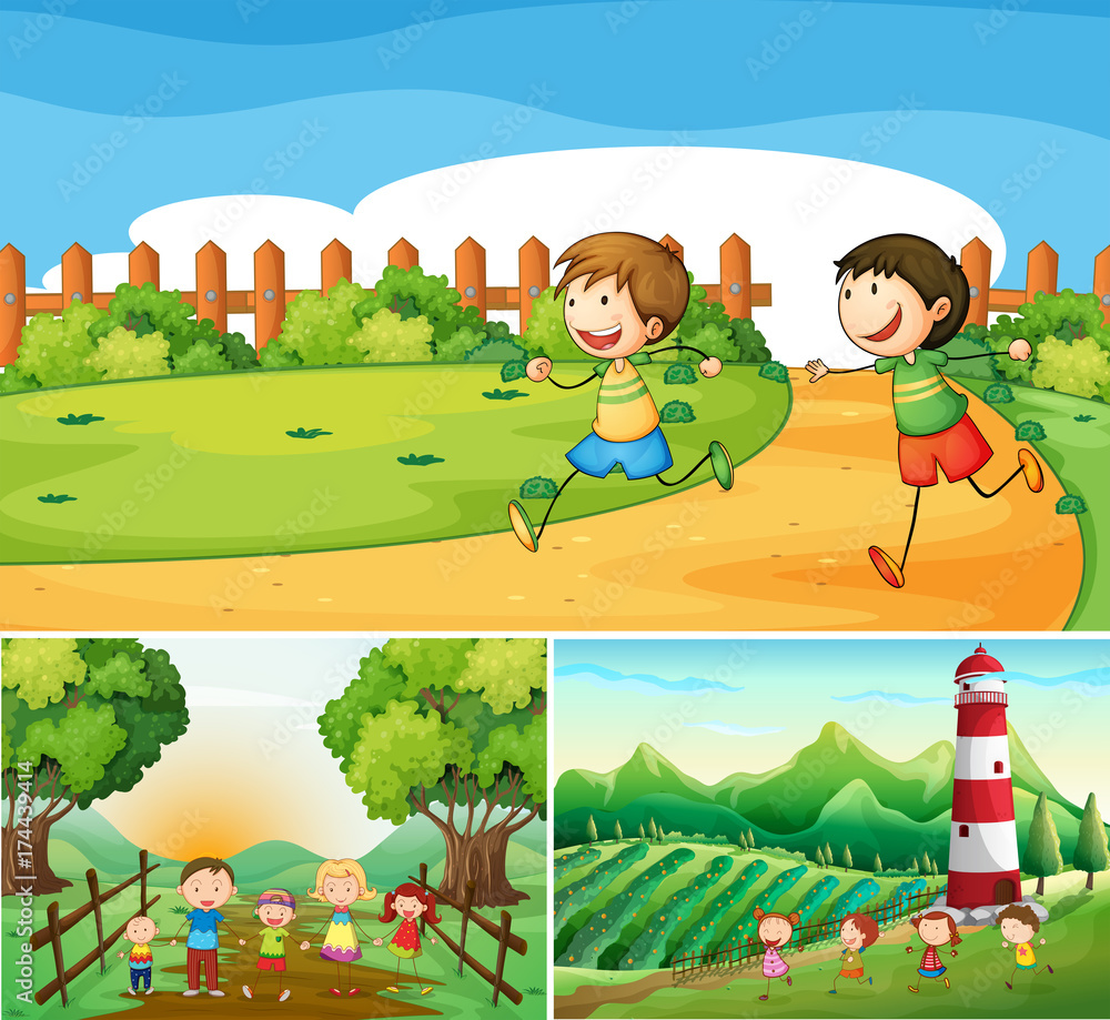 Fototapeta Farm scenes with happy children and family