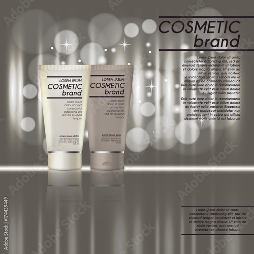 3D realistic cosmetic bottle ads template. Cosmetic brand advertising concept design with glitters and bokeh background