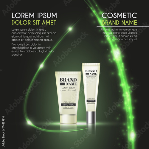 3D realistic cosmetic bottle ads template. Cosmetic brand advertising concept design with glowing sparkles and glitters abstract background