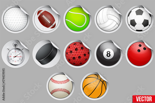 Round Stickers with sport balls and equipment. Vector illustration.
