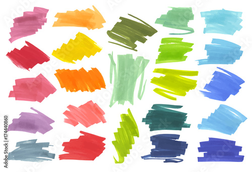 Color highlight stripes, banners drawn with japan markers. Stylish highlight elements for design. Vector highlight marker stroke, spots bright color